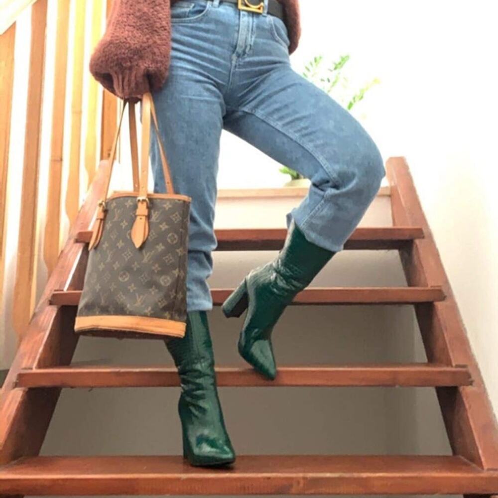 Lishan Women's Green Faux Croc Embossed Side‎ Zip Ankle Boots Size EU41